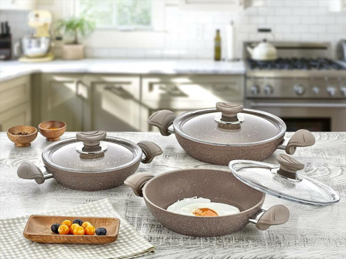 Bio Granit 6 Parça Kapaklı Sahan Seti Kahve | Yapışmaz Biogranit | 18-20-22 cm