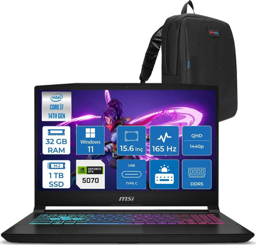 Katana 15 Hx Intel Core I7 14650HX 32GB Ddr5 1tb SSD Windows 11 Home RTX5070 8gb Gddr7 115W 15.6" 2k QHD(2560X1440) 165HZ Gaming Laptop B14WGK068XTRH13 + Zetta Çanta