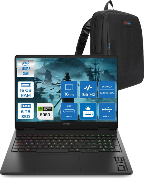 Omen 16-AM0018NT Intel Core Ultra 7 255H 16GB Ddr5 6tb SSD RTX5060 8gb Gddr7 16 Inç Wuxga (1920X1200) 165Hz 400NITS 3ms IPS Freedos Taşınabilir Bilgisayar BQ1Z1EAF05 + Zetta Çanta