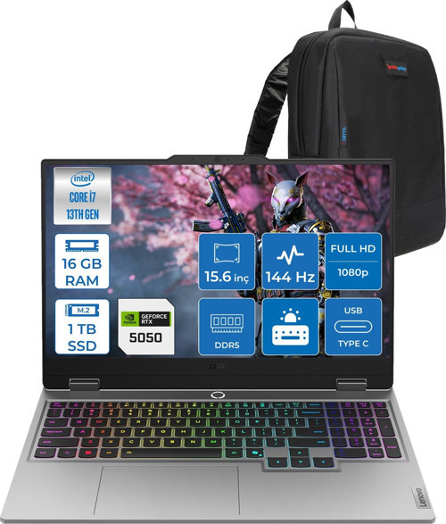 Loq Intel Core I7 13700HX 16GB 512GB+512GB SSD 8GB/RTX5050/100W 15.6" Fhd IPS 300NITS 100% Srgb 144Hz Windows 11 Home Taşınabilir Bilgisayar 15IRX1050H33 + Zettaçanta