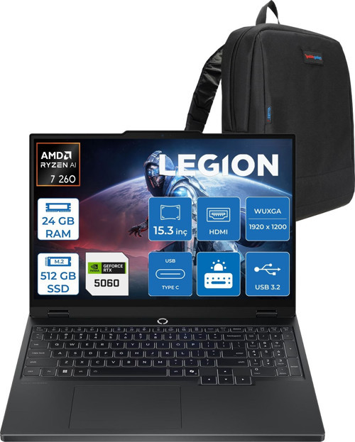 Legion 5 Amd Ryzen 7 260 24GB Ddr5 512GB SSD 8GB/RTX5060/115W 15.3" Wuxga IPS 300NITS 100% Srgb 165Hz Windows 11 Pro Taşınabilir Bilgisayar L83M00070TRP05 + Zettaçanta