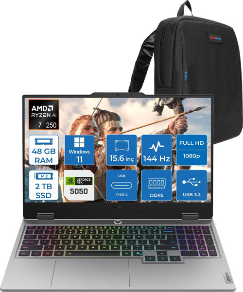 Loq 15AHP10 Amd Ryzen 7 250 48GB Ddr5 2tb SSD Windows 11 Home RTX5050 8gb 100W 15.6" Fhd (1920X1080) IPS 300NITS 144Hz Gaming Laptop 83JG006ATRH32 + Zetta Çanta