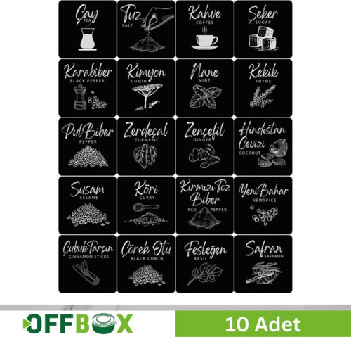 Offbox Yapışkanlı Saklama Kabı Baharat Etiketi - 20 Çeşit - 10 Adet