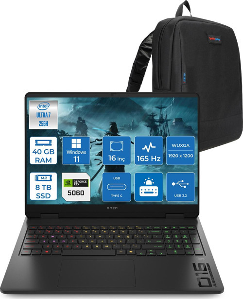 Omen 16-AM0018NT Intel Core Ultra 7 255H 40GB Ddr5 8tb SSD RTX5060 8gb Gddr7 16 Inç Wuxga (1920X1200) 165Hz 400NITS 3ms IPS Windows 11 Pro Taşınabilir Bilgisayar BQ1Z1EAP24 + Zetta Çanta
