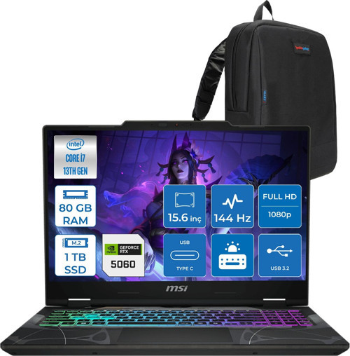 Cyborg 15 Intel Core I7 13620H 80GB Ddr5 1tb SSD RTX5060 Gddr7 8gb Freedos 15.6" Fullhd (1920X1080) 144HZ IPS Taşınabilir Bilgisayar B13WFKG490XTRF33 + Zetta Çanta