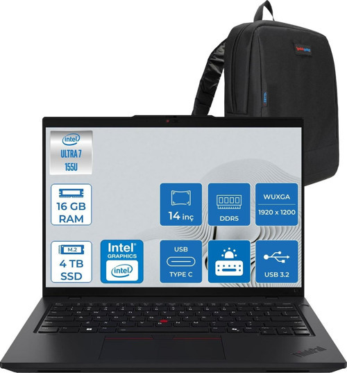 Thinkpad L14 Gen 5 Ultra 7 155U 16GB Ddr5 4tb SSD Arc Graphics 14" Wuxga IPS 400NITS Windows 11 Pro Taşınabilir Bilgisayar 21L2S17NTNH04 + Zettaçanta