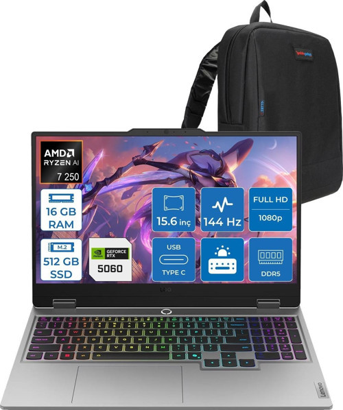 Loq 15AHP10 Ryzen 7 250 16GB Ddr5 512GB SSD 8GB/RTX5060/100W 15.6" Fhd IPS 144Hz Freedos Taşınabilir Bilgisayar 83JG0055TRF01 + Zettaçanta