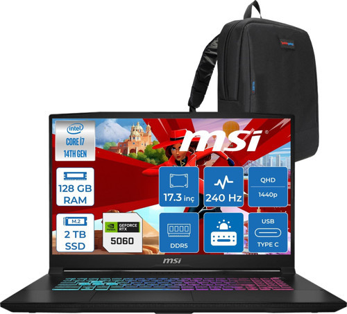 Msı Katana 17 Hx Intel Core I7 14650HX 128GB Ddr5 2tb SSD Freedos RTX5060 8gb Gddr7 115W 17 Inç 2k QHD(2560X1440) 240HZ Gaming Laptop B14WFK216XTRF44 + Zetta Çanta