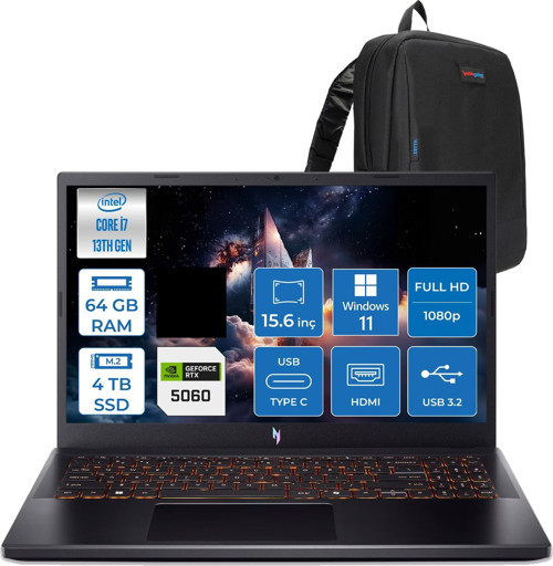 Nitro V 15 ANV15-52 Intel Core I7 13620H 64GB 4tb SSD Nvıdıa Geforce RTX5060 8gb 75W Windows 11 Home 15.6" FHD(1920 x 1080) IPS 165HZ Taşınabilir Bilgisayar NHQZ8EY002H35 + Zetta Çanta