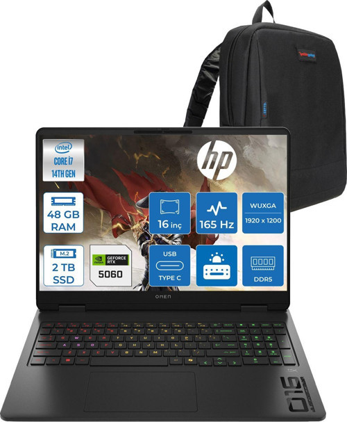 Omen 16-AM0016NT Intel Core I7 14650HX 48GB Ddr5 2tb SSD RTX5060 Gddr7 8gb Freedos 16 Inç Wuxga (1920 x 1200) 165HZ 3ms 400NIT 100% Srgb Taşınabilir Bilgisayar WBQ3R2EAF27 + Zetta Çanta
