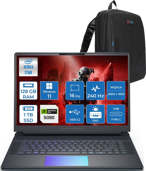 Alienware 16 Area-51 AA16250 Ultra 9 275HX Ddr5 128GB 1tb SSD 24GB/RTX5090 175W 16INÇ Wqxga 240Hz 500NITS 3ms WINDOWS11HOME Gaming Laptop AA1625090H51+ZETTAÇANTA