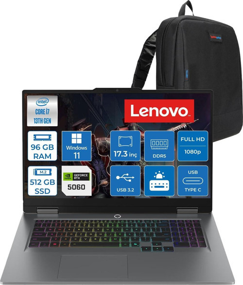 Loq 17IRX10 Intel Core I7 13650HX 96GB Ddr5 512GB SSD RTX5060 8gb 115W Windows 11 Pro 17.3 Inç Fhd (1920X1080) IPS 300NITS 165HZ 100% Srgb Taşınabilir Bilgisayar W83JH006ETRP43 + Zetta Çanta