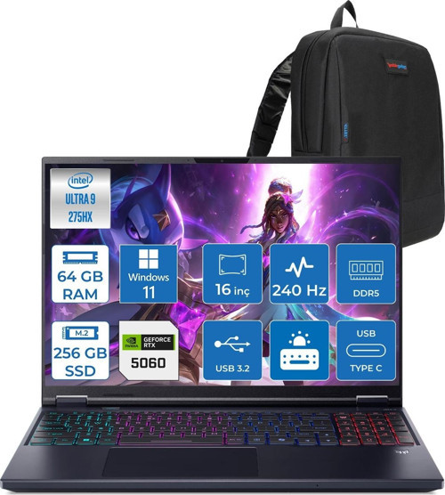 Predator Helios Neo 16 Aı Intel®core™ Ultra 9 275HX 64GB Ddr5 256GB SSD 8GB/RTX5060 115W 16" 2560 x 1600 Wqxga 240HZ WIN11PRO Gaming Bilgisayar. NHQVUEY001P16+ZETTAÇANTA