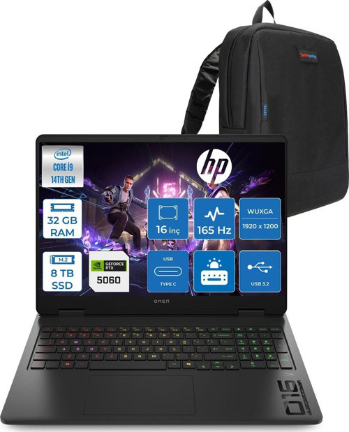 Omen 16-AM0007NT Intel Core I9 14900HX 32GB Ddr5 8tb SSD RTX5060 8gb Gddr7 Freedos 16 Inç IPS Wuxga (1920X1200) 165Hz 3ms 400NITS 100% Srgb Taşınabilir Bilgisayar WBQ3Q8EAF18 + Zetta Çanta