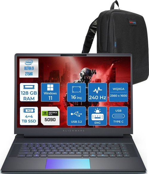 Alienware 16 Area-51 AA16250 Ultra 9 275HX Ddr5 128GB 4tb SSD +4tb SSD 24GB/RTX5090 175W 16INÇ Wqxga 240Hz 500NITS 3ms WINDOWS11HOME Gaming Laptop AA1625090H56+ZETTAÇANTA