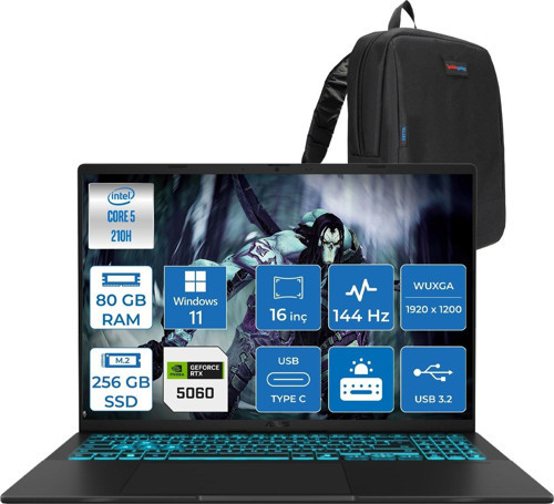 Vivobook 16 V3607VM Intel Core 5 210H 80GB Ddr5 256GB SSD RTX5060 Gddr7 8gb Windows 11 Pro 16" WUXGA(1920X1200) 144HZ 300NITS Taşınabilir Bilgisayar RP049P31 + Zetta Çanta