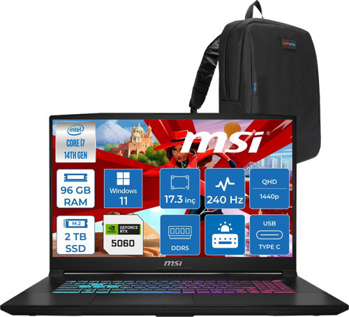 Msı Katana 17 Hx Intel Core I7 14650HX 96GB Ddr5 2tb SSD Windows 11 Home RTX5060 8gb Gddr7 115W 17 Inç 2k QHD(2560X1440) 240HZ Gaming Laptop B14WFK216XTRH39 + Zetta Çanta