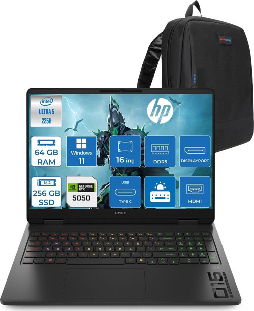 Omen Slim Gaming Intel® Core™ Ultra 5 225H Aı 64GB Ddr5 256GB SSD RTX5050/8GB 16" 2k (1920 x 1200), 144 Hz, IPS 300 Nits WIN11HOME Gaming Bilgisayar BQ2D2EAH21+ZETTAÇANTA