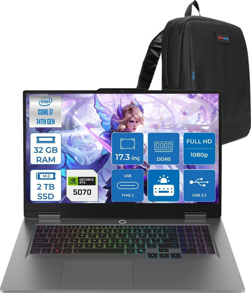 Loq 17IRX10 Intel Core I7 14700HX 32GB Ddr5 2tb SSD RTX5070 8gb 115W Freedos 17 Inç Fhd (1920X1080) IPS 300NITS 165HZ 100% Srgb Taşınabilir Bilgisayar W83JH006HTRF15 + Zetta Çanta