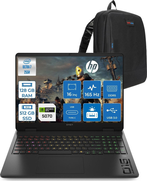 Omen Gaming Intel® Core™ Ultra 7 255H Aı Ddr5 128GB 512GB SSD 8GB/RTX5070 16" 2k (1920 x 1200) 165 Hz, 3 Ms 400 Nits 100% Srgb Freedos Gaming Laptop CD8M2EAF49+ZETTAÇANTA