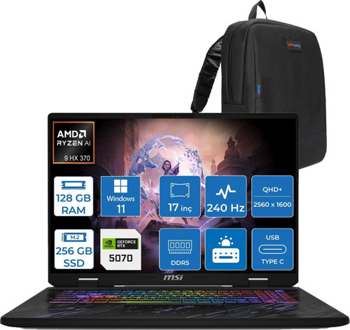 Pulse A17 Aı+ C3XWGKG-020TR Amd Ryzen 9 Aı Hx 370 128GB Ddr5 256GB SSD 8GB/RTX5070 115W 17” Qhd+ (2560X1600), 240Hz, Ips- WIN11PRO Gaming Bilg. W020TRP31+ZETTAÇANTA