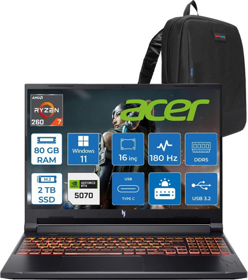 Nitro V 16S Aı Amd Ryzen™ 7 260 80GB Ddr5 2tb SSD 8GB/RTX5070 95W 16"qhd+ 2560X1600 180Hz IPS WIN11PRO Gaming Bilgisayar. NHQYYEY001P24+ZETTAÇANTA