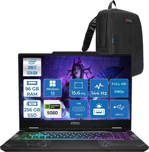 Cyborg 15 Intel Core I7 13620H 96GB Ddr5 256GB SSD RTX5060 Gddr7 8gb Windows 11 Pro 15.6" Fullhd (1920X1080) 144HZ IPS Taşınabilir Bilgisayar B13WFKG490XTRP36 + Zetta Çanta