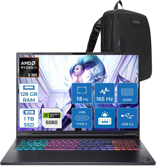Nitro 18 Aı Amd AN18-AMD Ryzen™ Aı 9 365 128GB Ddr5 1tb SSD 8GB/RTX5060 115W 18" Qhd+ 2560 x 1600 165 Hz IPS Freedos Gaming Bilgisayar. NHQYHEY001F33+ZETTAÇANTA