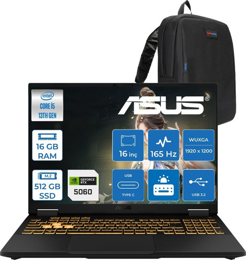 Tuf Gaming F16 FX608JM Intel® Core™ I5 13450HX 16GB Ddr5 512GB SSD RTX5060/8GB 115W 16 Inç 165Hz Fhd+ 16:10 (1920 x 1200, Wuxga) Freedos Taşınabilir Bilgisayar RV073F02+ZETTAÇANTA