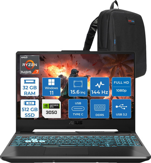 Tuf Gaming A15 – FA506NCG Amd Ryzen 7-7445HS 32GB Ddr5 512GB SSD Rtx 3050/4GB 75W 15.6 Inç Full Hd 144Hz Ips-Level WIN11HOME Gaming Bilgisayar HN206AF12+ZETTAÇANTA