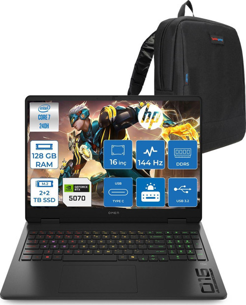Omen Gaming Intel® Core™ 7 240H Aı Ddr5 128GB 2tb Ssd+2tb 8GB/RTX5070 16" 2k (1920 x 1200) 144 Hz 300 Nits IPS Freedos Gaming Laptop CD8M6EAF54ZETTAÇANTA