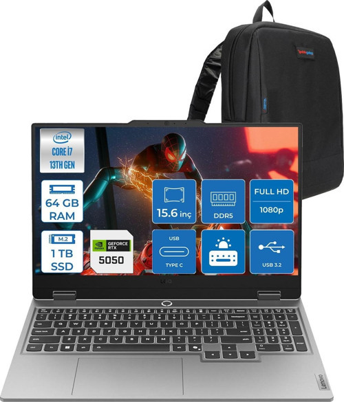Loq 15IRX10 Intel® Core I7-13700HX 64GB Ddr5 1tb SSD 15.6" 8GB/RTX5050 100W (1920X1080) IPS 300NITS 144Hz, G-Sync® Freedos Gaming BILG.83JE00KMTRF18+ZETTAÇANTA