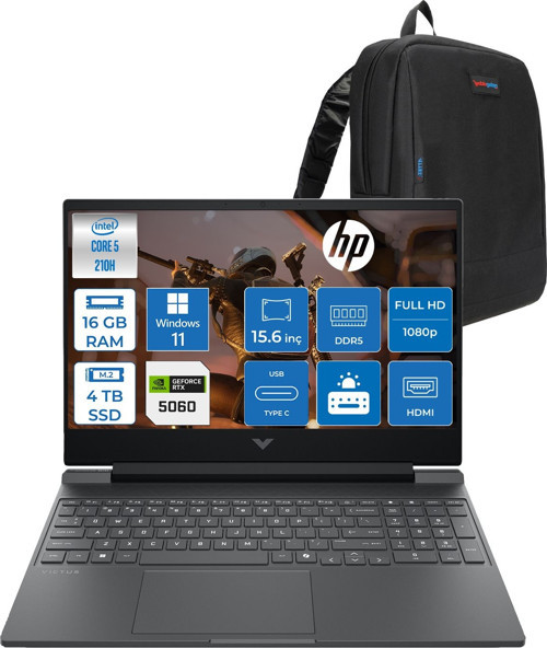 Victus Gaming Intel® Core 5 210H Aı 16GB Ddr5 4tb SSD RTX5060/8GB 15.6"fhd (1920 x 1080), 144 Hz, Ips, 300 Nits WIN11PRO Gaming Bilgisayar C21SGEAP05+ZETTAÇANTA