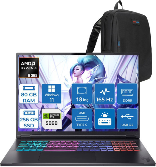 Nitro 18 Aı Amd AN18-AMD Ryzen™ Aı 9 365 80GB Ddr5 256GB SSD 8GB/RTX5060 115W 18" Qhd+ 2560 x 1600 165 Hz IPS WIN11PRO Gaming Bilgisayar. NHQYHEY001P21+ZETTAÇANTA