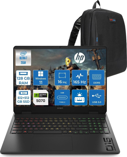 Omen Gaming Intel® Core™ Ultra 7 255H Aı Ddr5 128GB 512GB SSD+512GB SSD 8GB/RTX5070 16" 2k (1920 x 1200) 165 Hz, 3 Ms 400 Nits 100% Srgb WIN11PRO Gaming Laptop CD8M2EAP50+ZETTAÇANTA