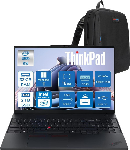 Thinkpad E16 Gen 3 Intel Core Ultra 5 225U 32GB Ddr5 2tb SSD Windows 11 Pro Intel Aı Boost 16 Inç Wuxga (1920 x 1200) IPS 300NITS Taşınabilir Bilgisayar 21SR006VTXP14 + Zetta Çanta