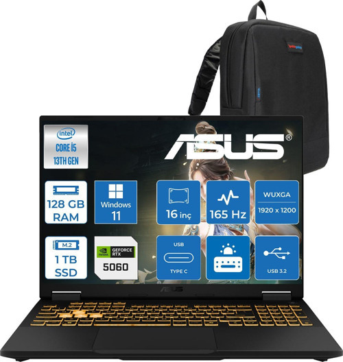 Tuf Gaming F16 FX608JM Intel® Core™ I5 13450HX 128GB Ddr5 1tb SSD RTX5060/8GB 115W 16 Inç 165Hz Fhd+ 16:10 (1920 x 1200, Wuxga) WIN11PRO Taşınabilir Bilgisayar RV073P38+ZETTAÇANTA
