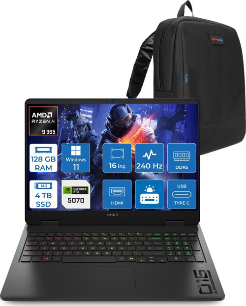 Omen 16-AP0012NT Amd Ryzen Aı 9 365 128GB Ddr5 4tb SSD RTX5070 8gb Gddr7 16 Inç Wqxga (2560 x 1600) 240Hz 500NITS 3ms IPS Windows 11 Home Taşınabilir Bilgisayar C12CGEAH52 + Zetta Çanta
