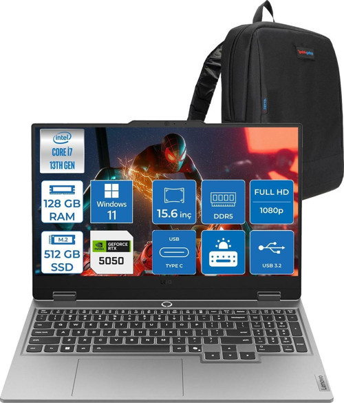 Loq 15IRX10 Intel® Core I7-13700HX 128GB Ddr5 512GB SSD 15.6" 8GB/RTX5050 100W (1920X1080) IPS 300NITS 144Hz, G-Sync® WIN11PRO Gaming BILG.83JE00KMTRP32+ZETTAÇANTA