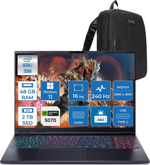 Predator Helıos Neo 16S Aı Intel Core™ Ultra 7 255HX 48GB Ddr5 2tb SSD 8GB/RTX5070 115W 16"qhd+ 2560X1600 240HZ OLED WIN11PRO Gaming Bilgisayar. NHQZFEY001P14+ZETTAÇANTA