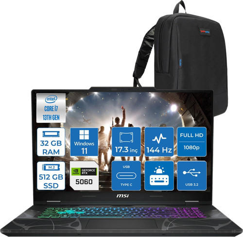 Cyborg 17 Intel Core I7 13620H 32GB Ddr5 512GB SSD RTX5060 Gddr7 8gb Windows 11 Home 17.3" Fullhd (1920X1080) 144HZ IPS Taşınabilir Bilgisayar B13WFKG210XTRH12 + Zetta Çanta