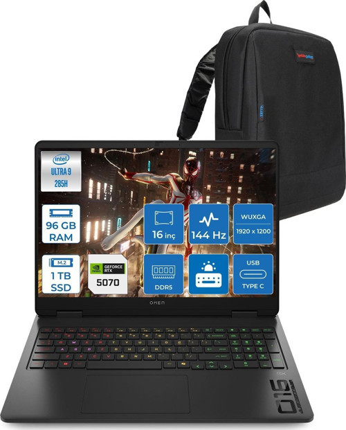 Omen Slim Intel Core Ultra 9 285H 96GB Ddr5 1tb SSD 8GB/RTX5070 16" Wuxga 144Hz IPS 300NIT Windows 11 Home Taşınabilir Gaming Bilgisayar 16AN0017NTH30 + Zettaçanta