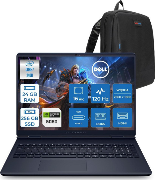 Alienware 16 Aurora AC16250 Intel Core 7 240H 24GB Ddr5 256GB SSD Freedos 8gb RTX5060 16 Inç 2K(2560×1600) Wqxga 120Hz Wva Gaming Laptop AC16250C71615U56NF08 + Zetta Çanta