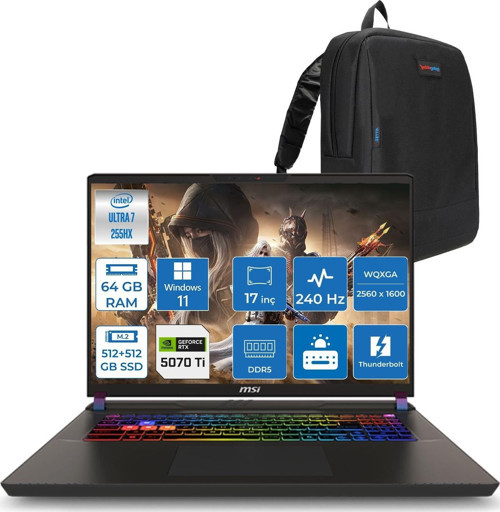 Msı Vector 17 Hx Aı A2XWHG-086TR Intel Core Ultra 7-255HX Aı 64GB 512GB SSD+512GB SSD 12GB/RTX5070TI 140W 17 Inç 2k QHD+2560X1600 240Hz IPS WINDOWS11HOME Gaming Laptop ZW086TRH26+ZETTAÇANTA