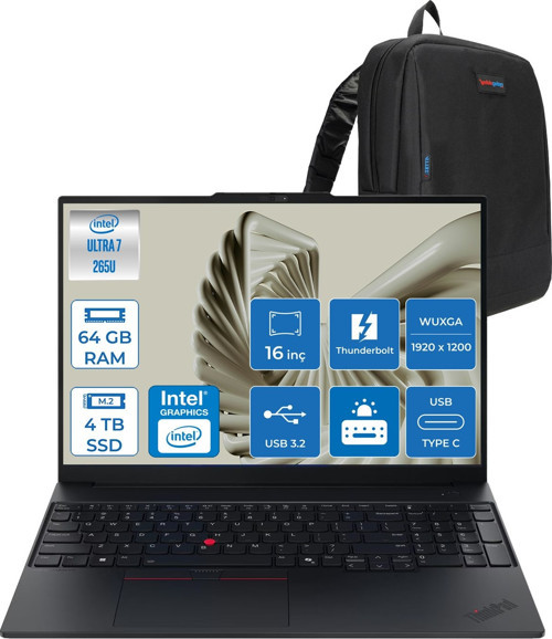 Thinkpad E16 Gen 3 Intel Core Ultra 7 265U 64GB Ddr5 4tb SSD Freedos Intel Aı Boost 16 Inç Wuxga (1920 x 1200) IPS 300NITS Taşınabilir Bilgisayar 21SR0076TXF30 + Zetta Çanta