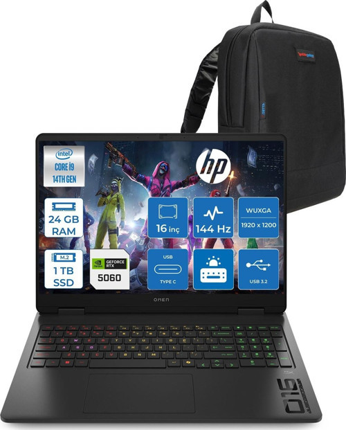 Omen 16-AM0033NT Intel Core I9 14900HX 24GB Ddr5 1tb SSD RTX5060 8gb Gddr7 Freedos 16 Inç Wuxga (1920X1200) 144Hz 300NITS IPS Taşınabilir Bilgisayar WC39J7EAF08 + Zetta Çanta