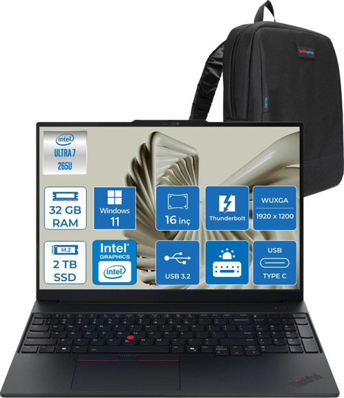 Thinkpad E16 Gen 3 Intel Core Ultra 7 265U 32GB Ddr5 2tb SSD Windows 11 Home Intel Aı Boost 16 Inç Wuxga (1920 x 1200) IPS 300NITS Taşınabilir Bilgisayar 21SR0076TXH14 + Zetta Çanta