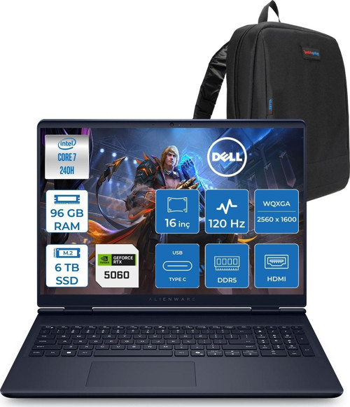 Alienware 16 Aurora AC16250 Intel Core 7 240H 96GB Ddr5 6tb SSD Freedos 8gb RTX5060 16 Inç 2K(2560×1600) Wqxga 120Hz Wva Gaming Laptop AC16250C71615U56NF55 + Zetta Çanta