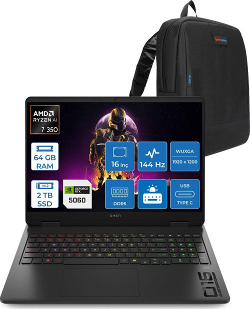 Omen Amd Ryzen Aı 7 350 64GB Ddr5 2tb SSD 8GB/RTX5060 16" Wuxga 144Hz IPS 300NIT Windows 11 Home Taşınabilir Bilgisayar 16AP0010NTH23 + Zettaçanta
