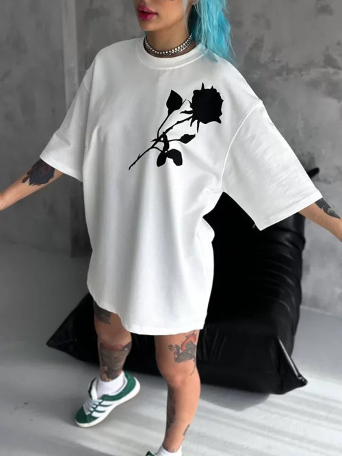 Unisex Bisiklet Yaka Baskılı Oversize TShirt